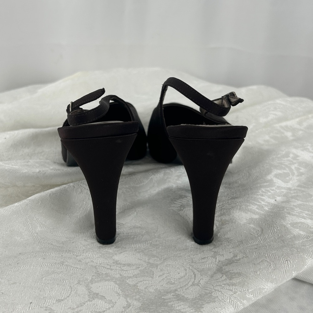 Vintage Nine West Brown Pointed-Toe Satin Slingback Heels - Picture 6 of 8